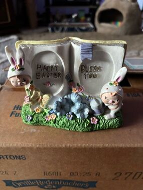 Easter Bunny Book Figurine - White and Pastel Holiday Decor